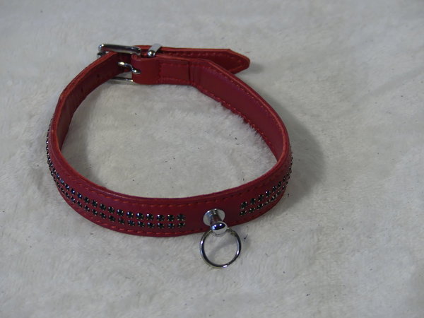 Rotes Halsband mit schwarzen Straß-Steinen