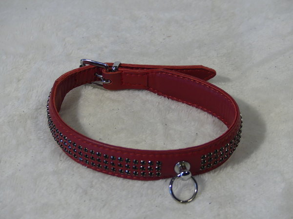 Rotes Halsband mit schwarzen Straß-Steinen